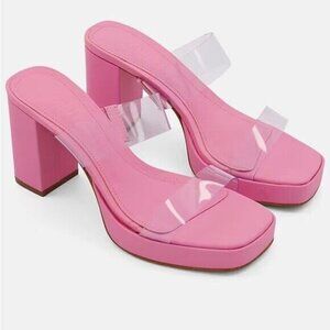 SCHUTZ Ariella Platform Block Heel Rose Transparent Straps Size 10.5 NEW $135